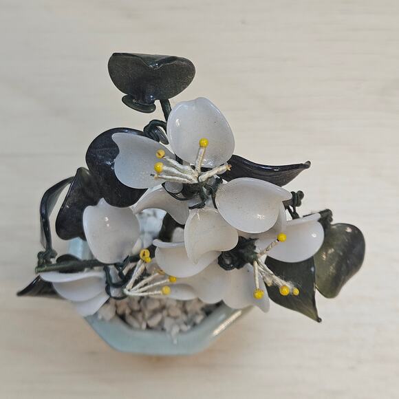 Rare VTG Chinese Art Glass Bonsai Tree Sculpture White Quince Flowers in Pot - Picture 6 of 7